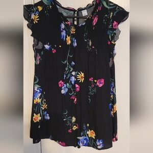 Old Navy Black Floral Smocked Flutter Sleeve Top, Sz L